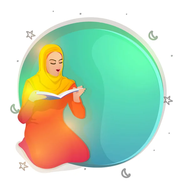 Mujer musulmana leyendo Libro Sagrado, Corán . — Vector de stock