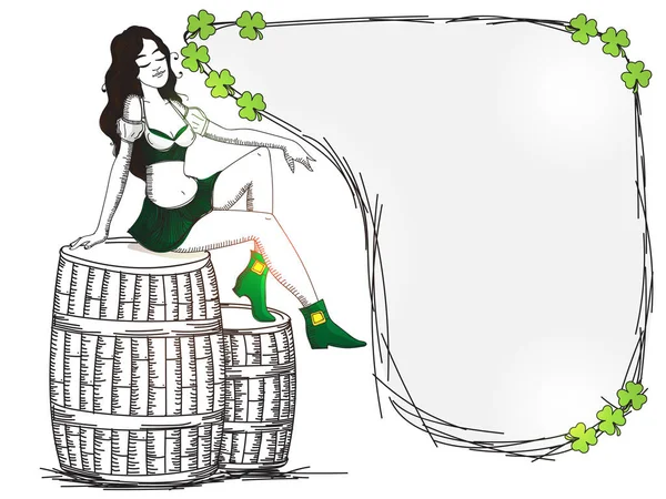 Leprechaun Girl sitting on barrel for St. Patrick's Day. — Stock Vector