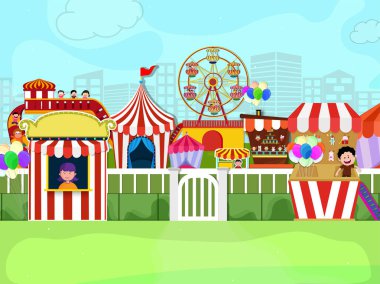 Çocuklar karnaval illüstrasyon çadır, iplik tekerlekleri ve eğlenceli St