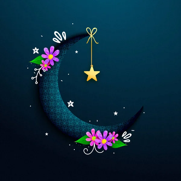 Beautiful crescent moon decorated with colorful flowers. — Stock Vector