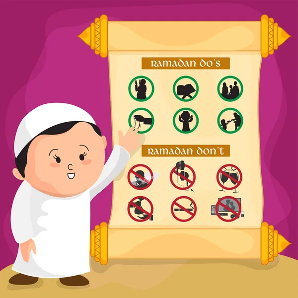 Cute religious boy indicating towards Ramadan Do's and Dont's th — Stock Vector