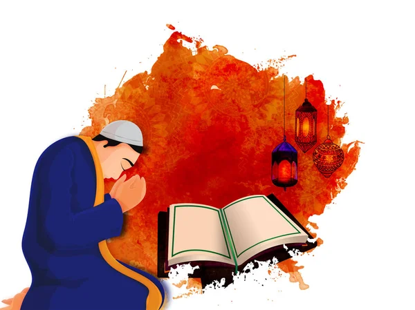 Conceito islâmico com o menino oferecendo oração, livro sagrado de Isl — Vetor de Stock