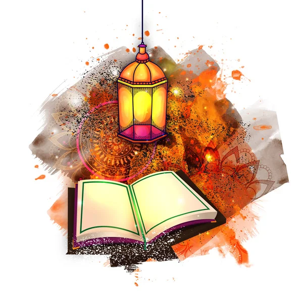 Libro Sacro Islamico Corano Shareef con Lampada . — Vettoriale Stock