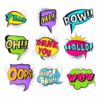 Renkli komik konuşma kabarcıklar çizimler.