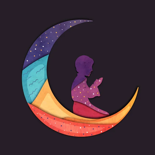 Colorful Moon with Praying Boy for Ramadan Kareem. — Stock Vector