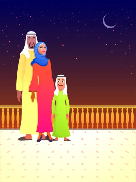 Feliz familia árabe celebrando el Eid Festival . — Vector de stock