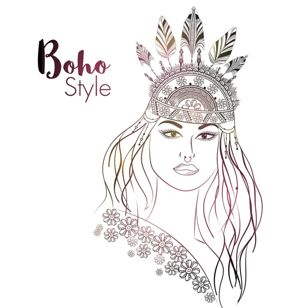 Hand dras boho stil illustration av en flicka. — Stock vektor