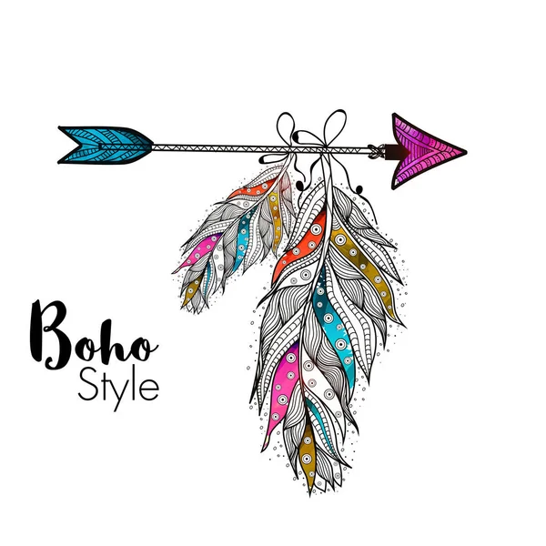 Boho style feathers with arrow. — Stock Vector