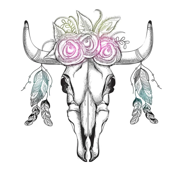 Cabeza de toro dibujada a mano con corona de flores, estilo boho . — Vector de stock
