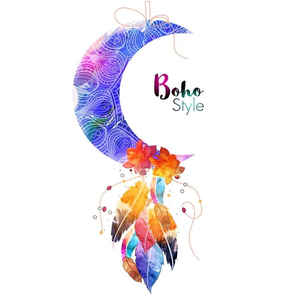 Boho style Moon with colorful ethnic feathers. — Stock Vector