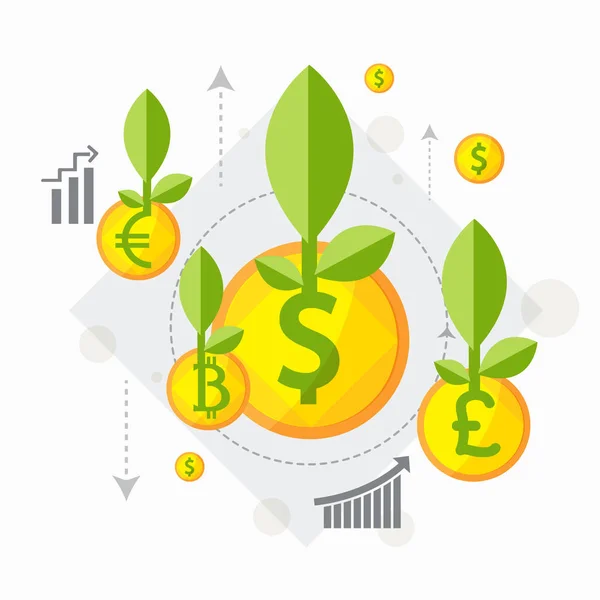 金币与植物对企业投资和经济增长. — 图库矢量图片