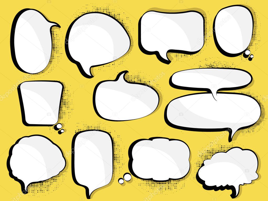 Blank empty white speech bubbles on yellow background.