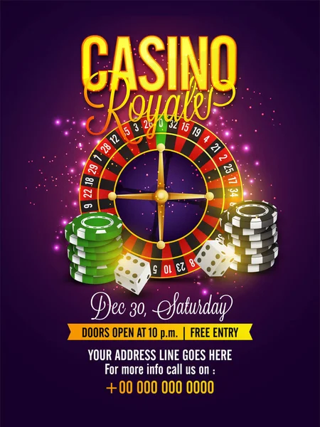 Casino Flyer mit Roulette, Pokerchips und Würfeln. — Stockvektor