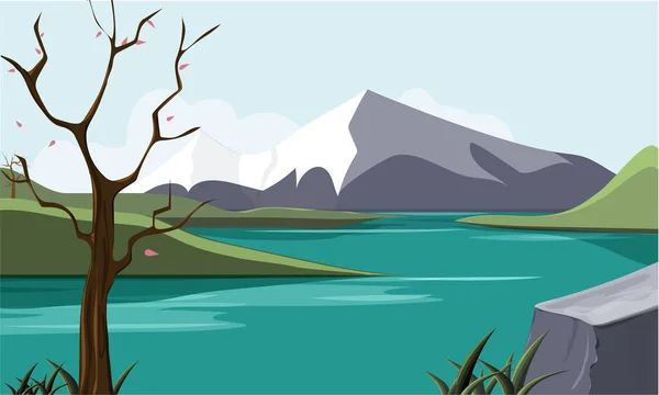 Paisaje natural con lago y montañas . — Vector de stock