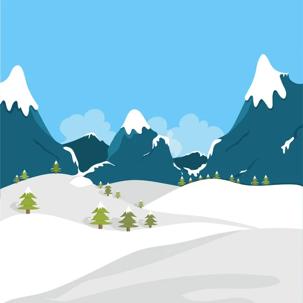 Winterlandschaft mit schneebedecktem Feld und Bergen. — Stockvektor