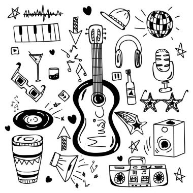 Siyah ve beyaz elle çizilmiş doodle öğeleri için müzik.