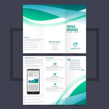Business trifold leaflet or flyer design with green waves. clipart