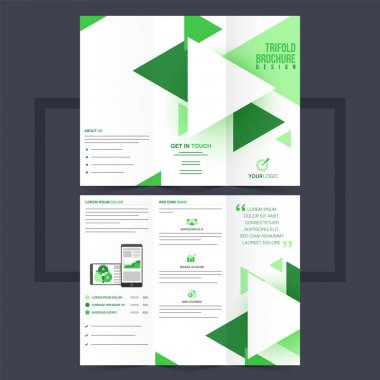 Yeşil üçgenler ile iş panelli broşür veya el ilanı tasarımı.
