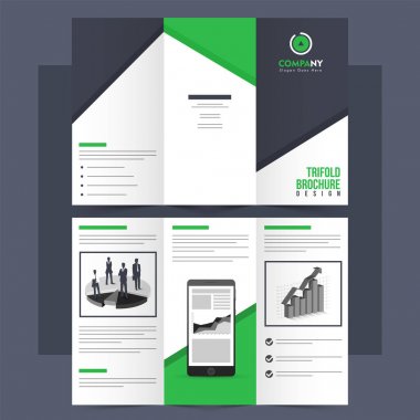 Business trifold leaflet or flyer design in green and grey color clipart