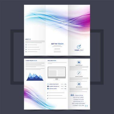 Business trifold leaflet or flyer design with colorful waves. clipart
