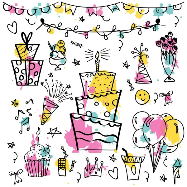 パーティーや誕生日の色手描き落書き要素. — ストックベクタ