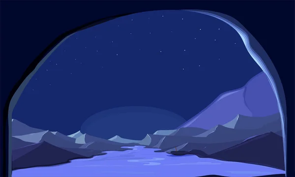 Paisaje de naturaleza nocturna con río y montañas . — Vector de stock