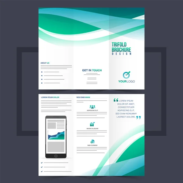 Zakelijke driebladige brochure of flyer design met groene golven. — Stockvector