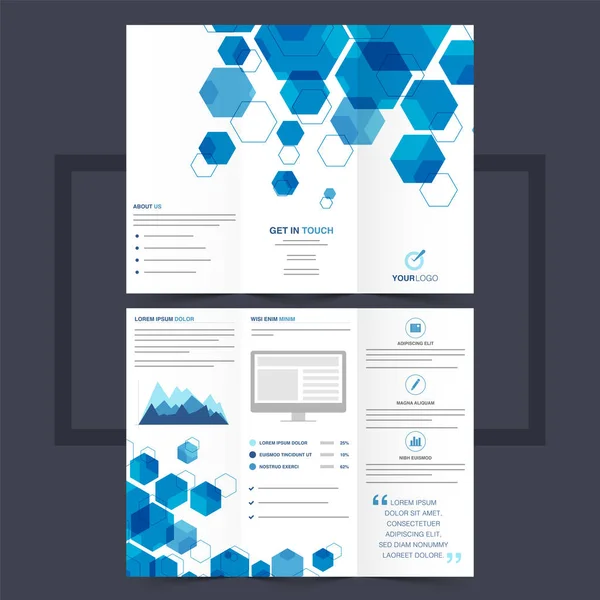 Business trifold leaflet or flyer design with blue hexagonal sha — Stock Vector