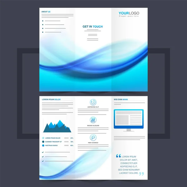 Business trifold leaflet or flyer design with blue waves. — Stock Vector