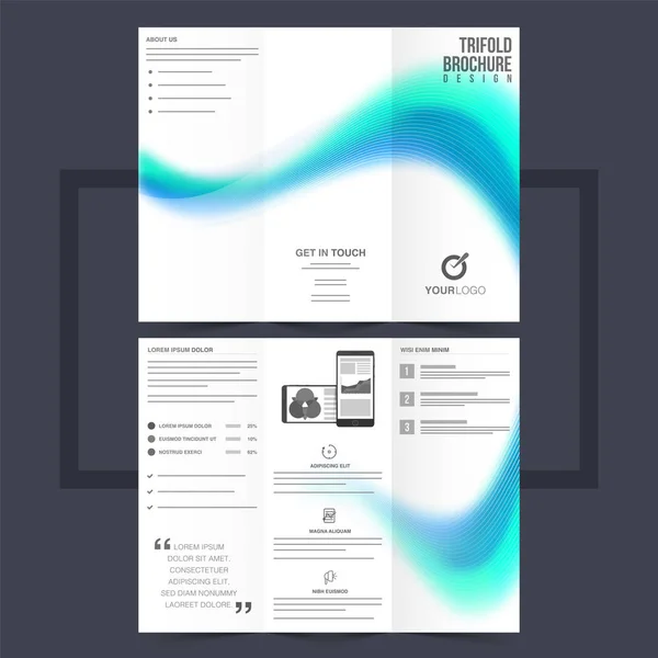 Business trifold leaflet or flyer design with blue waves. — Stock Vector