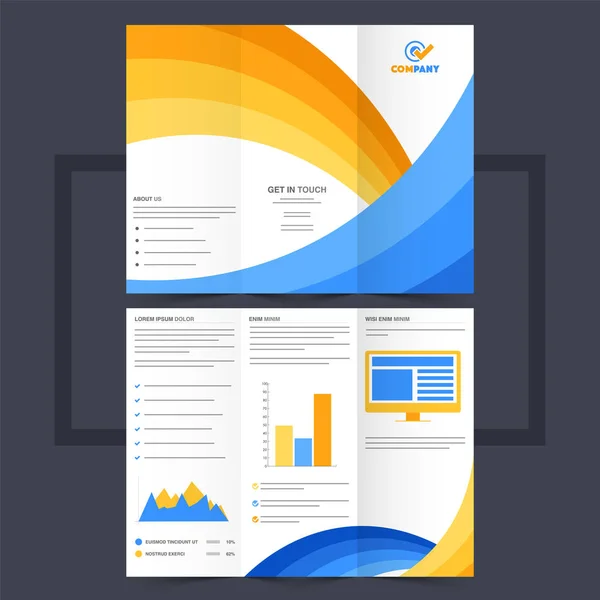 Business trifold leaflet or flyer design with yellow and blue wa — Stock Vector