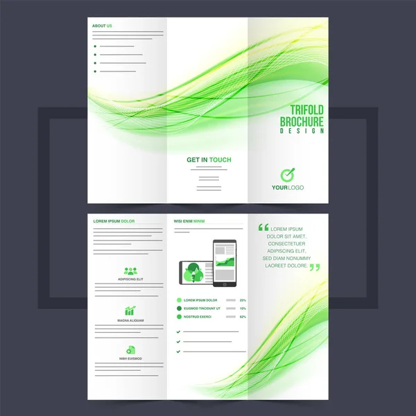 Business-Dreifach-Faltblatt oder Flyer mit grünem und gelbem Design — Stockvektor