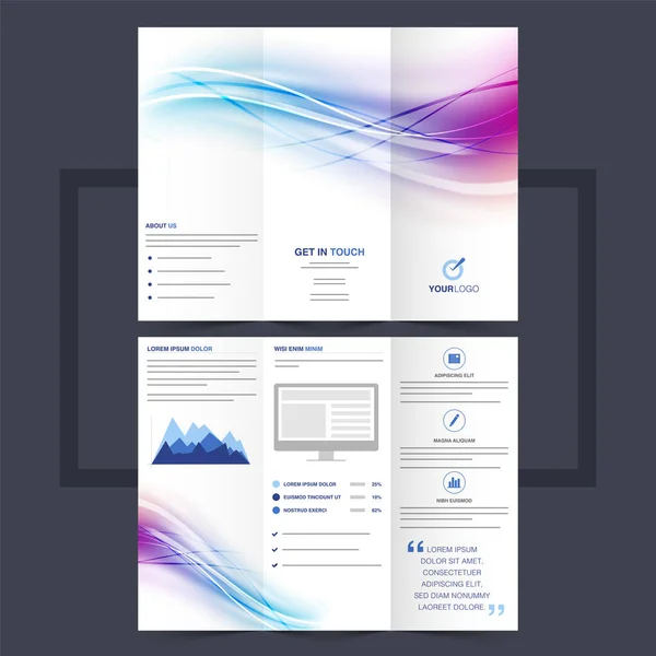 Business trifold leaflet or flyer design with colorful waves. — Stock Vector