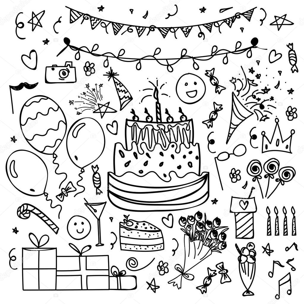 Hand drawn doodle elements set for Party and Birthday.