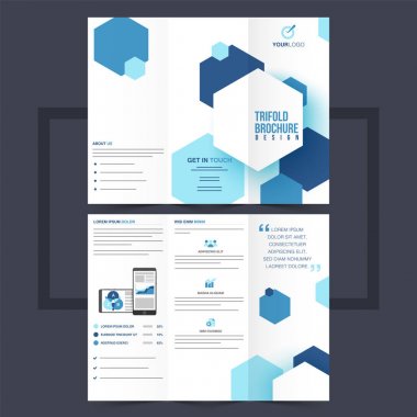 Business trifold leaflet or flyer design with blue hexagonal shapes. clipart
