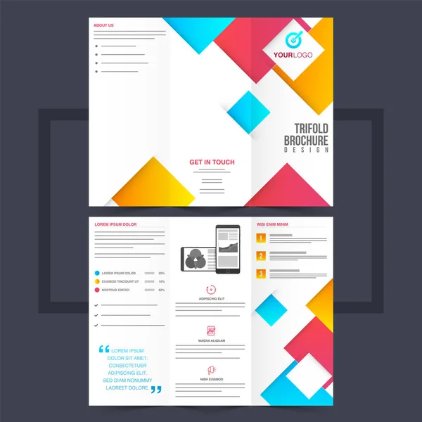 Zakelijke driebladige brochure of flyer design met kleurrijke vierkante vormen. — Stockvector