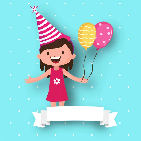 Cute girl wearing party hat and holding balloons. — Stock Vector