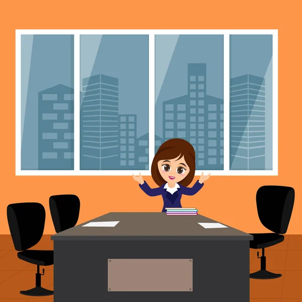 Flat style office interior design with business woman. — Stock Vector