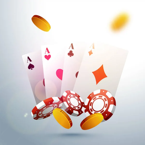 Jogar cartas com fichas de poker e moedas de ouro para o Casino . — Vetor de Stock