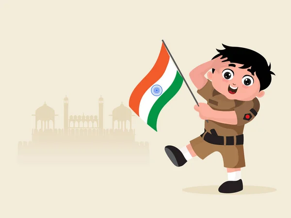 Ένα αγοράκι ντυμένο σαν Ινδιάνος στρατιώτης με σημαία. — Διανυσματικό Αρχείο