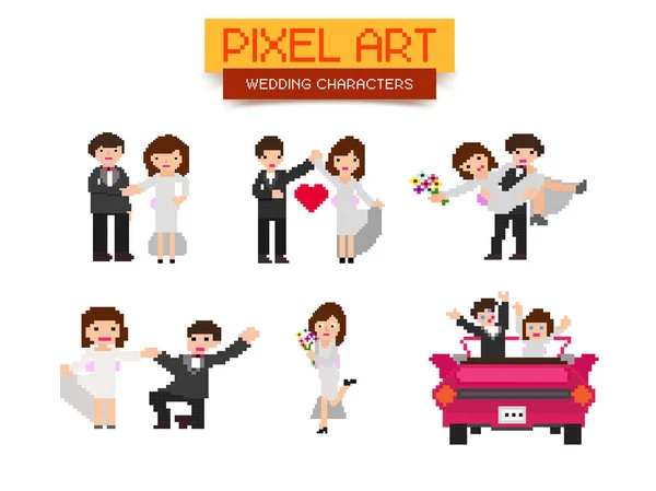 Pixel Art bruiloft tekens instellen. — Stockvector
