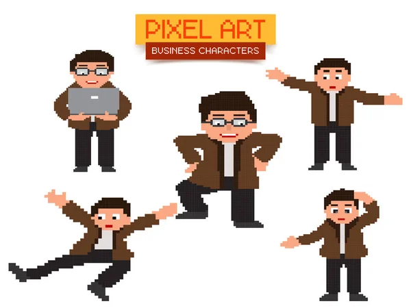 Conjunto de cinco personagens de negócios Pixel Art . — Vetor de Stock