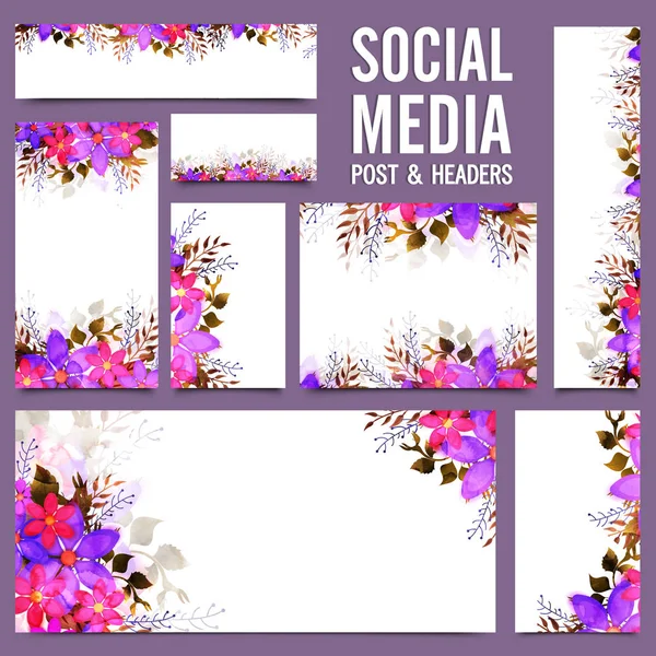 Κοινωνική Media Post και κεφαλίδα με ροζ και μωβ λουλούδια. — Διανυσματικό Αρχείο