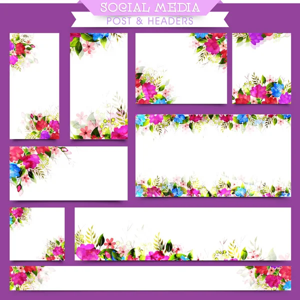 Sociale Media Post en Headers met aquarel bloemen. — Stockvector