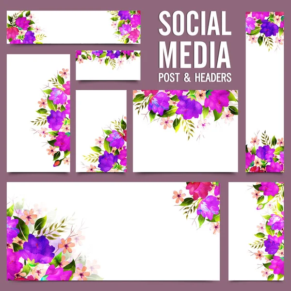 Social Media Post e intestazioni con fiori viola . — Vettoriale Stock