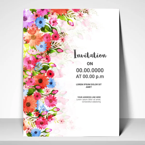 Uitnodiging kaart sjabloonontwerp met aquarel bloemen. — Stockvector
