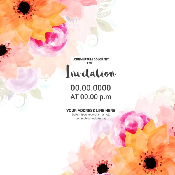 Uitnodiging kaart ontwerp met aquarel bloemen. — Stockvector