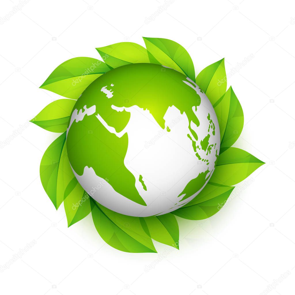 Glossy Earth Globe with green leaves.