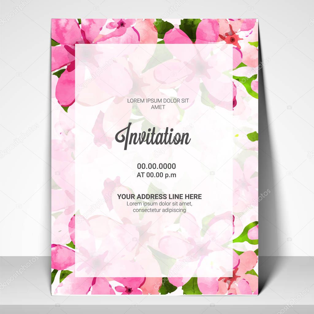 Party Invitation Card with pink flowers decoration.