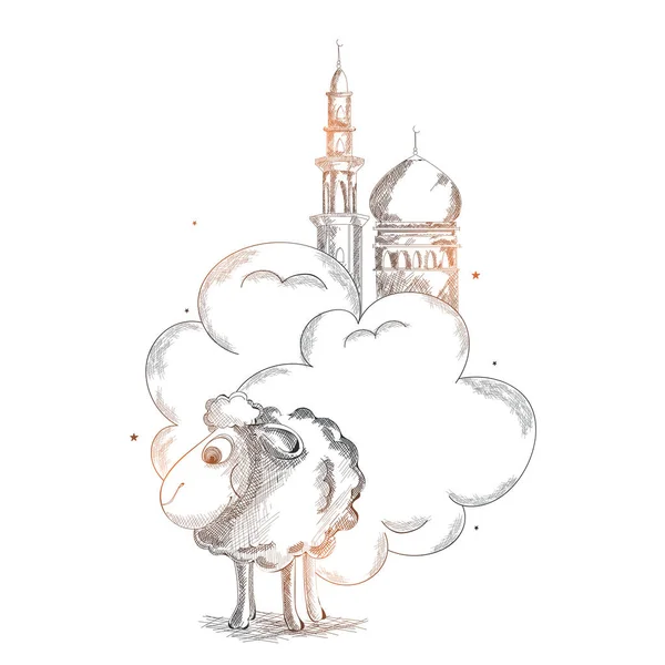Блестящий набросок овец и мечети во время праздника Ид-Аль-Адха . — стоковый вектор